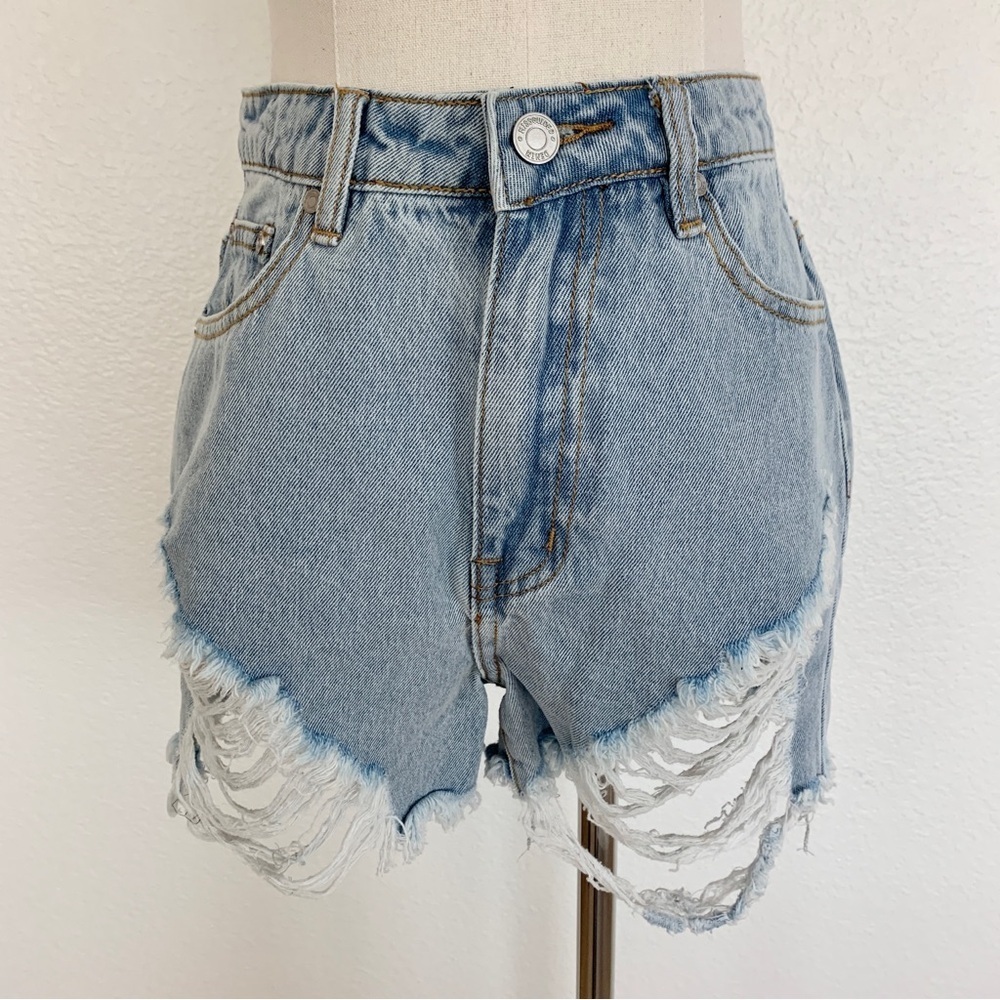 Light Blue Wash Riot High-Waisted High Distressed Destroyed Denim Jean Shorts